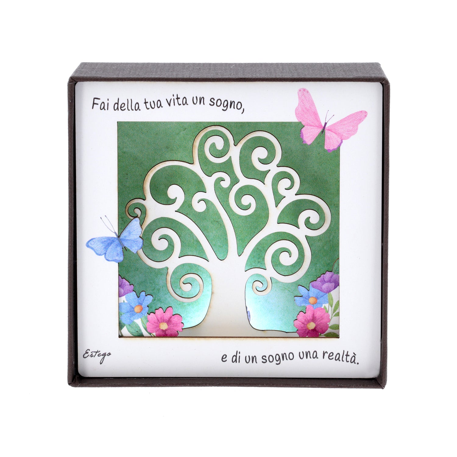 Quadro 3d in scatola, da appoggio, soggetto Albero della Vita. Dimensioni 11,5x11,5 cm