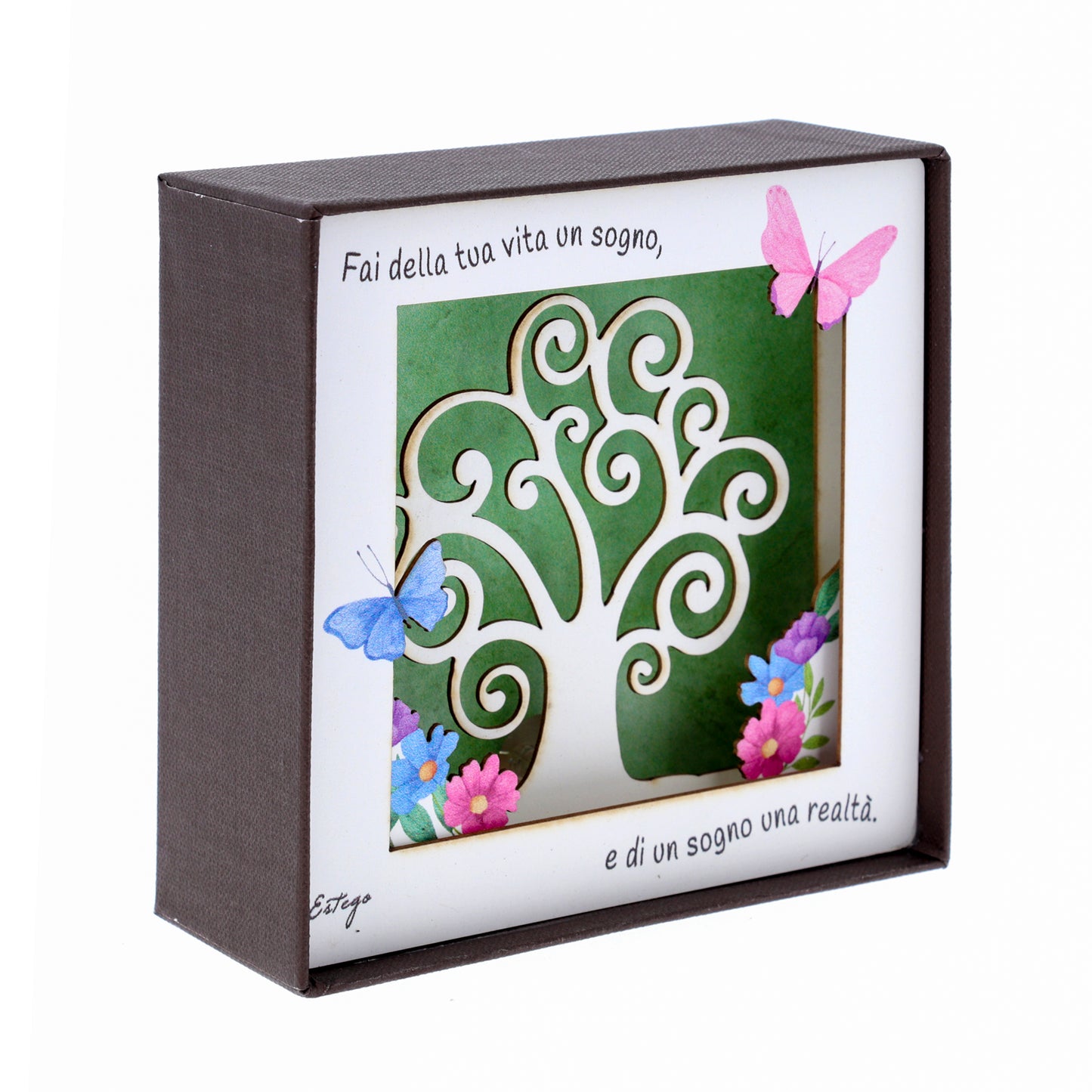 Quadro 3d in scatola, da appoggio, soggetto Albero della Vita. Dimensioni 11,5x11,5 cm