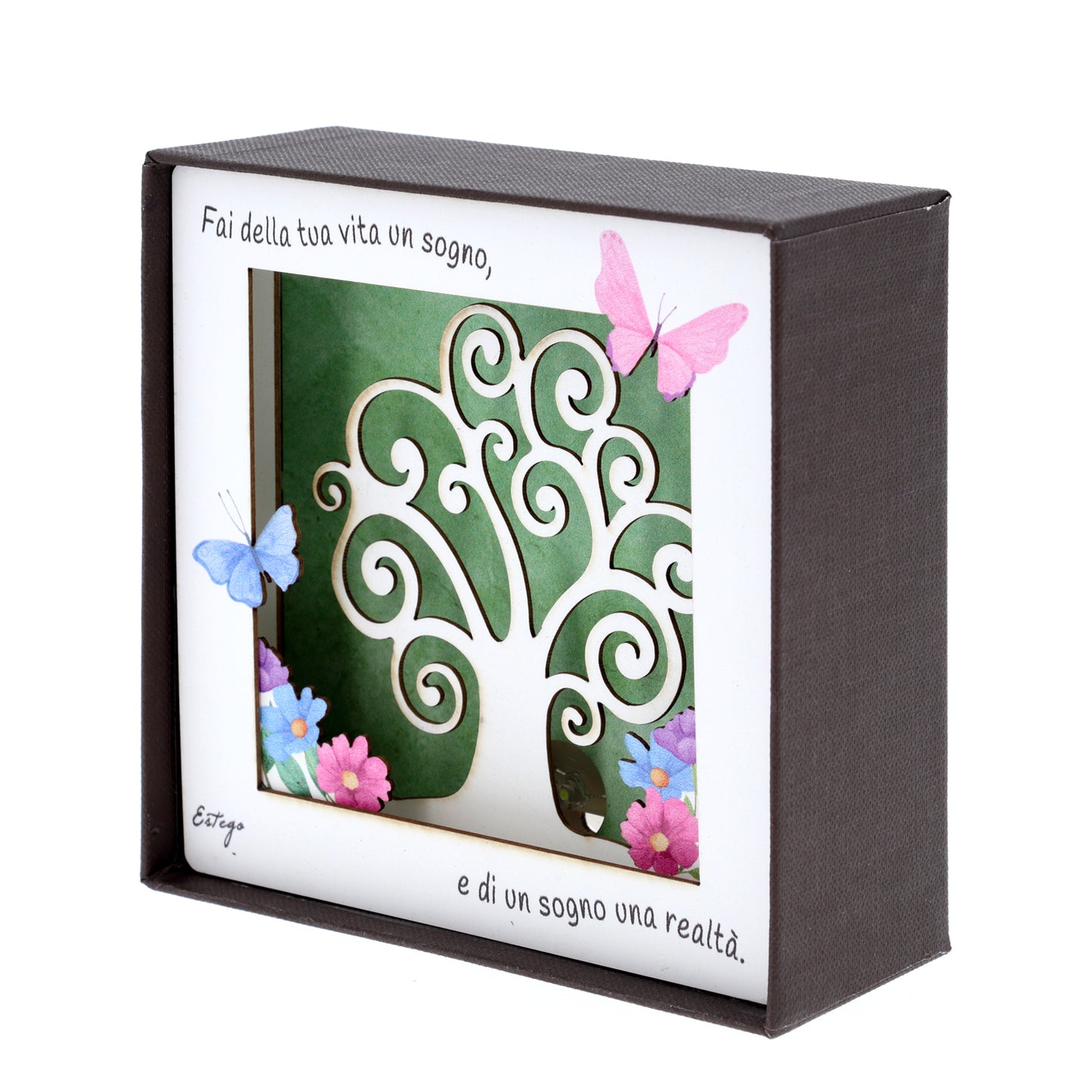 Quadro 3d in scatola, da appoggio, soggetto Albero della Vita. Dimensioni 11,5x11,5 cm