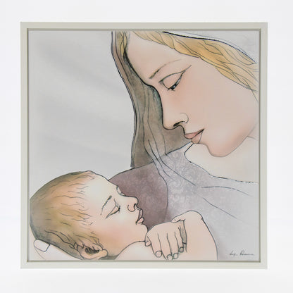 Quadro Madonna con Bambino con decorazioni argentate in rilievo. Dimensioni 40x40 cm