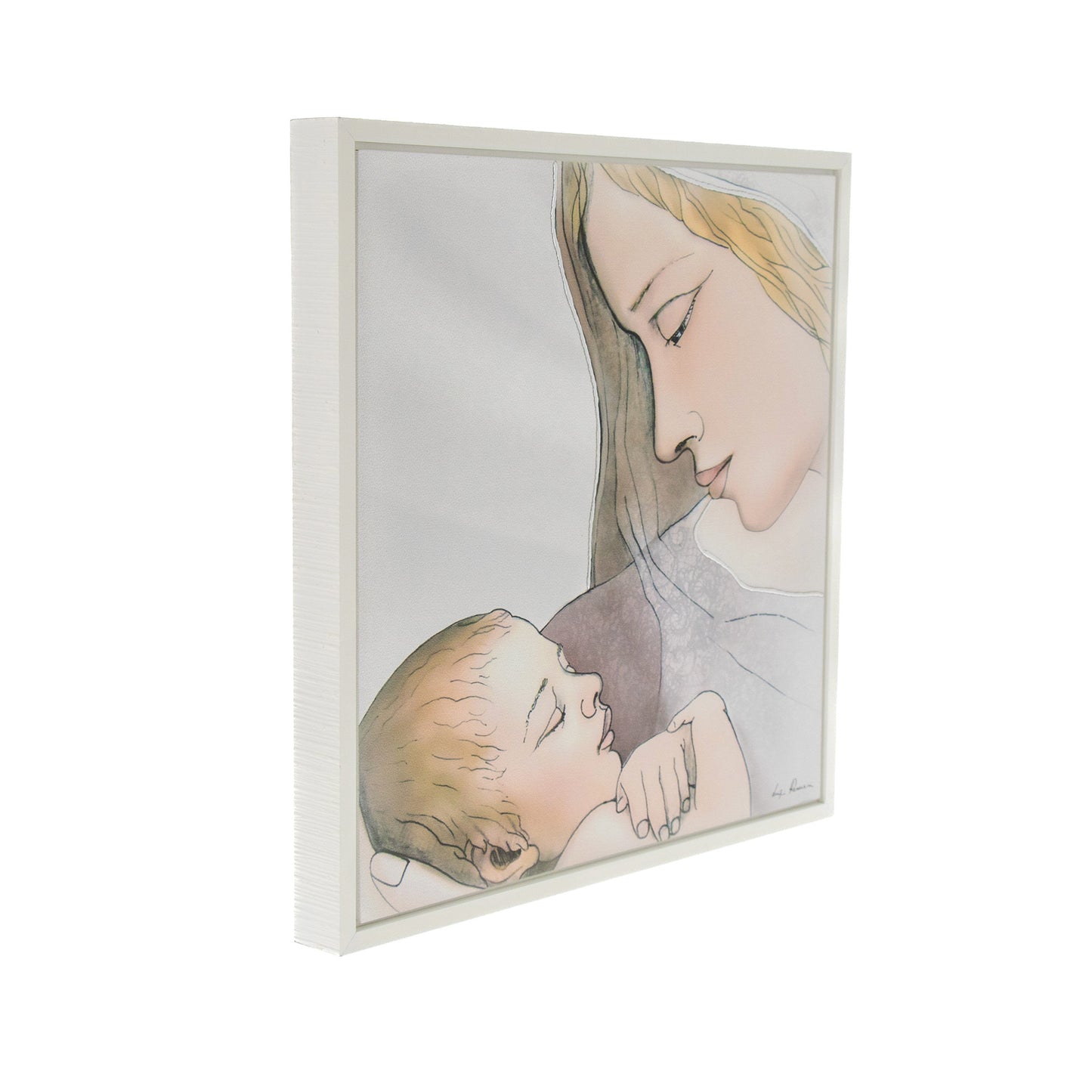 Quadro Madonna con Bambino con decorazioni argentate in rilievo. Dimensioni 40x40 cm