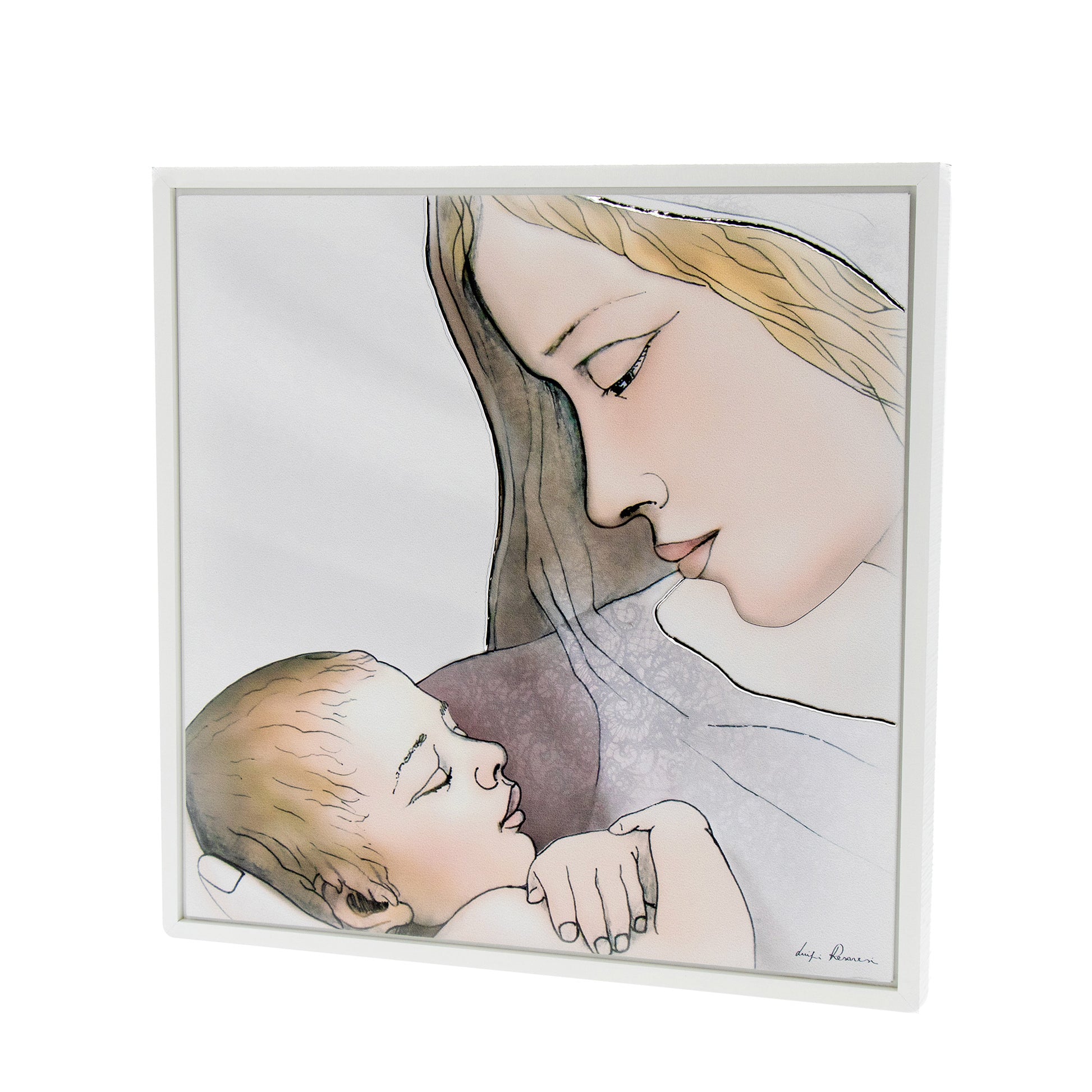 Quadro Madonna con Bambino con decorazioni argentate in rilievo. Dimensioni 40x40 cm