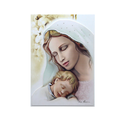 Quadro Madonna con Bambino con immagine in rilievo e decorazioni argentate. Dimensioni 29x46 cm