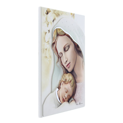 Quadro Madonna con Bambino con immagine in rilievo e decorazioni argentate. Dimensioni 29x46 cm