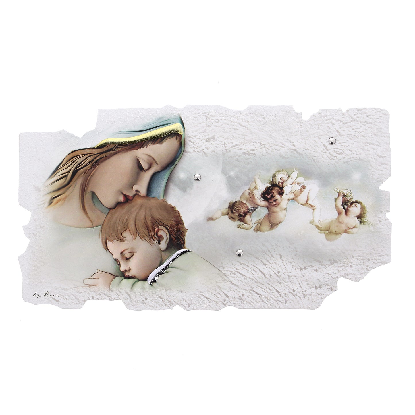 Quadro sagomato Madonna con Bambino e Angeli con decorazioni in rilievo. Dimensioni 100x50 cm