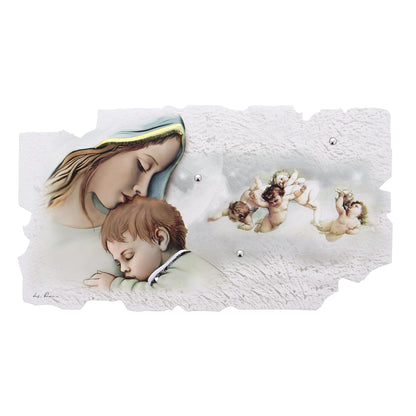 Quadro sagomato Madonna con Bambino e Angeli con decorazioni in rilievo. Dimensioni 100x50 cm