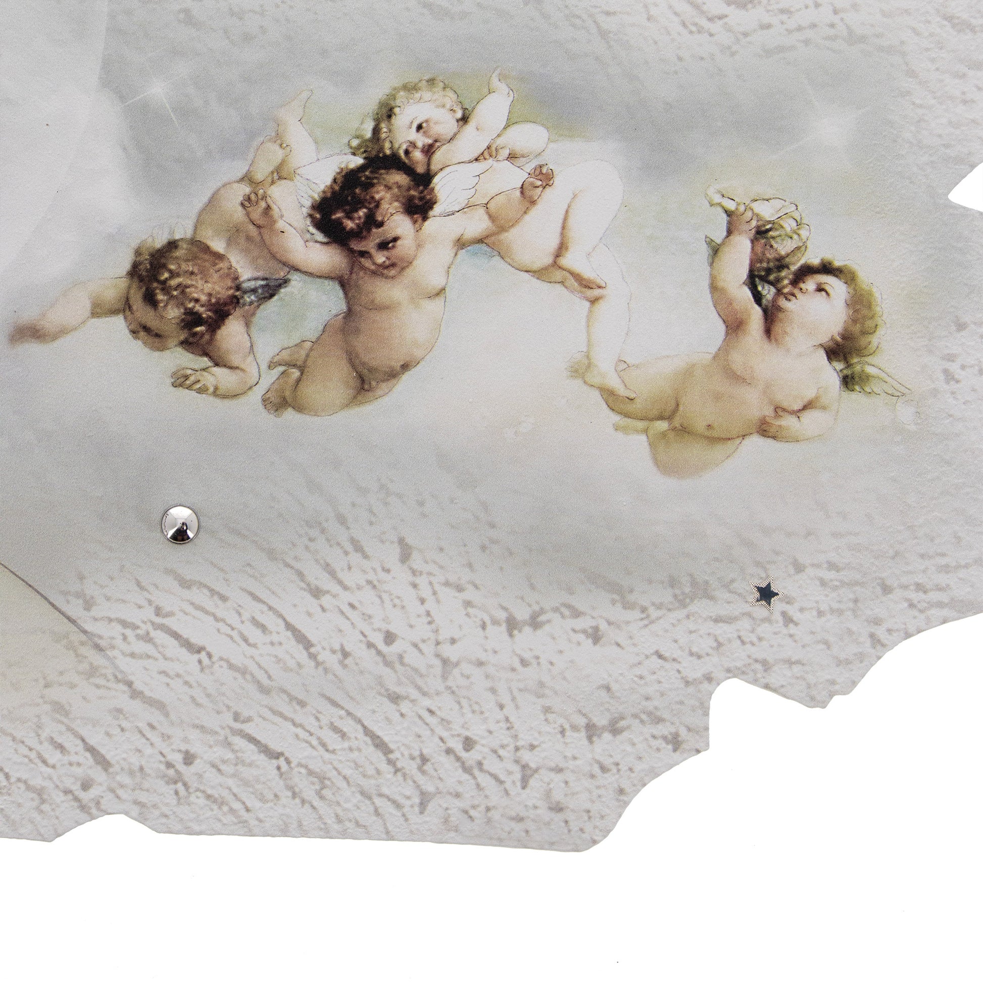 Quadro sagomato Madonna con Bambino e Angeli con decorazioni in rilievo. Dimensioni 100x50 cm