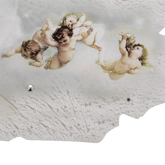 Quadro sagomato Madonna con Bambino e Angeli con decorazioni in rilievo. Dimensioni 63x33 cm
