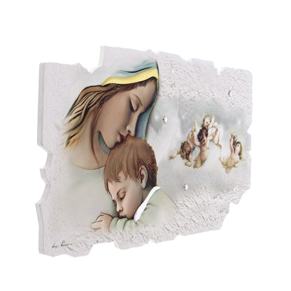 Quadro sagomato Madonna con Bambino e Angeli con decorazioni in rilievo. Dimensioni 100x50 cm