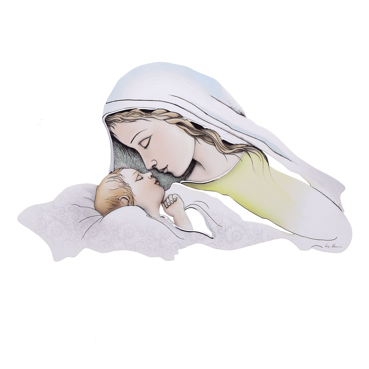 Quadro Madonna con Bambino con decorazioni in rilievo argentate dimensioni 50x29 cm