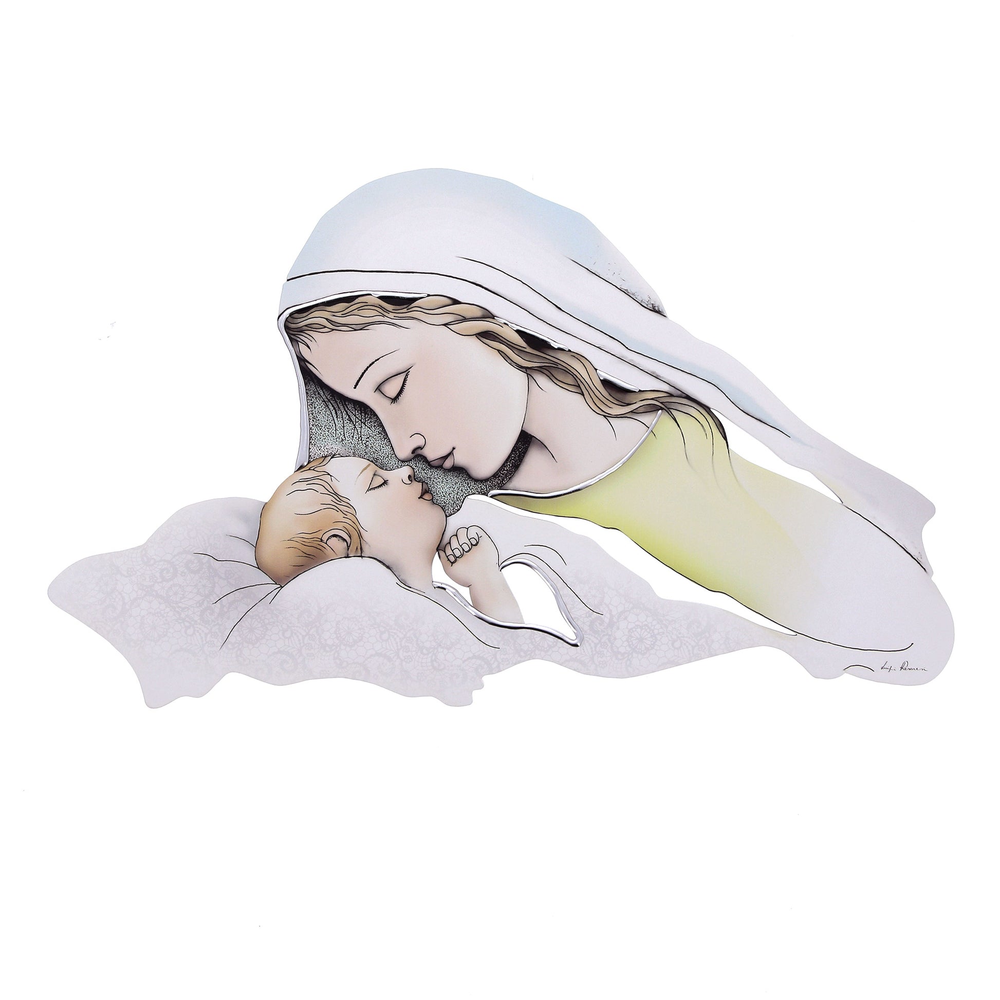 Quadro Madonna con Bambino con decorazioni in rilievo argentate dimensioni 80x42 cm