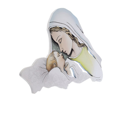 Quadro Madonna con Bambino con decorazioni in rilievo argentate dimensioni 50x29 cm