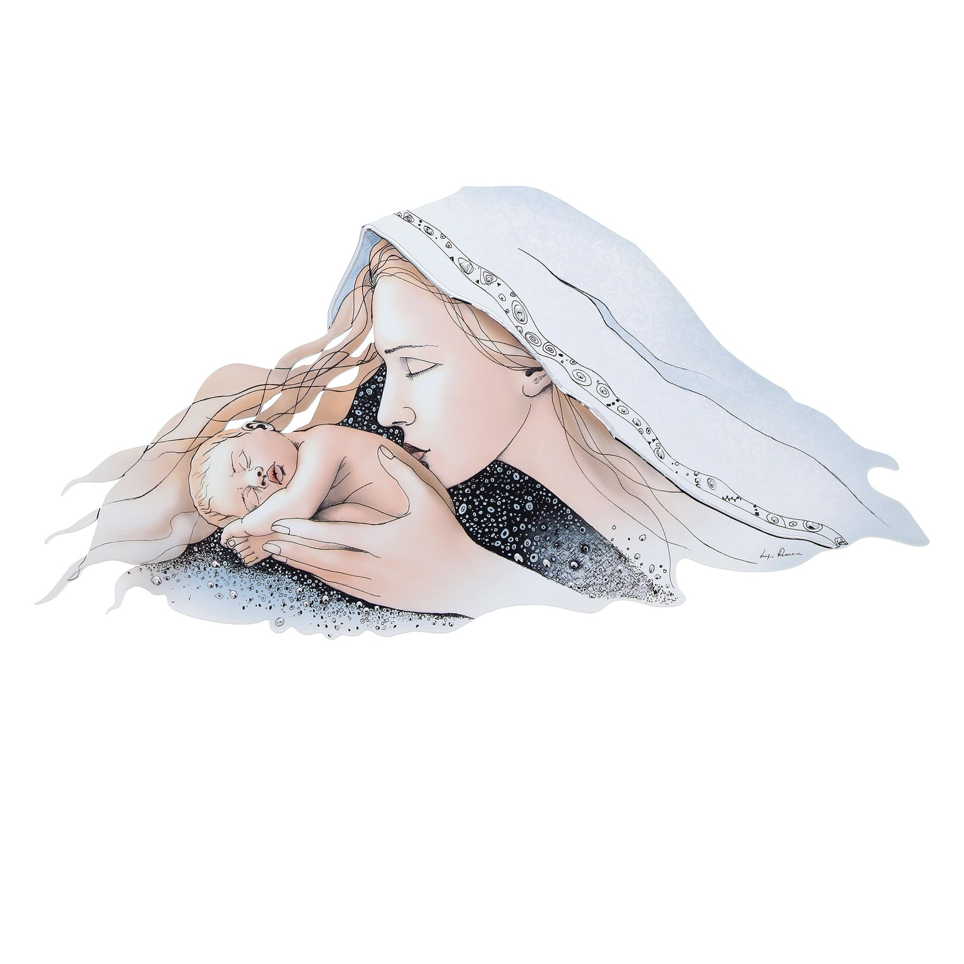 Quadro immagine sagomata Madonna con Bambino con decorazioni in rilievo argentate. Dimensioni 80x42 cm