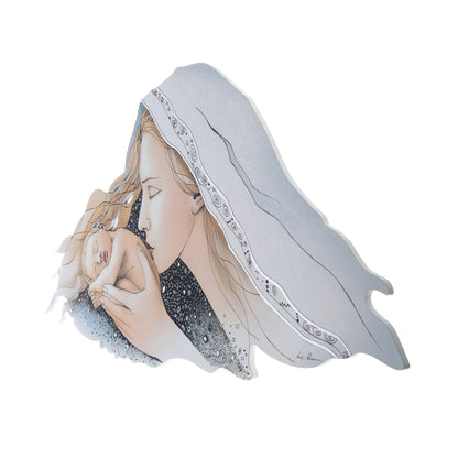 Quadro immagine sagomata Madonna con Bambino con decorazioni in rilievo argentate. Dimensioni 80x42 cm
