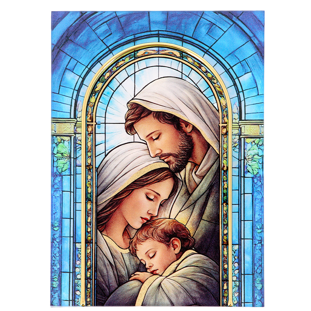 Quadro Sacra Famiglia in vetro – Immagine sacra da tavolo o da appendere con basetta – 13 × 18 cm