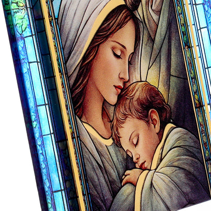 Quadro Sacra Famiglia in vetro – Immagine sacra da tavolo o da appendere con basetta – 13 × 18 cm