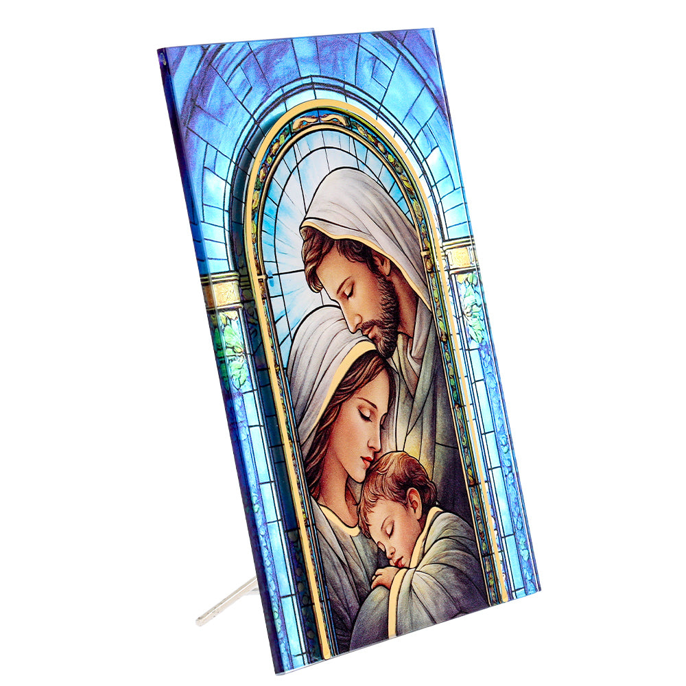 Quadro Sacra Famiglia in vetro – Immagine sacra da tavolo o da appendere con basetta – 13 × 18 cm