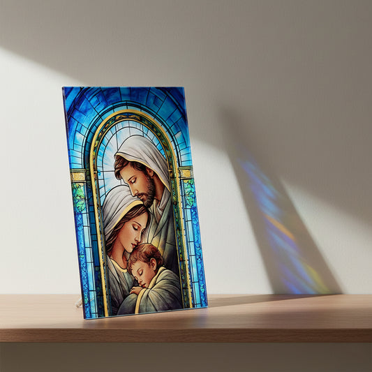 Quadro Sacra Famiglia in vetro – Immagine sacra da tavolo o da appendere con basetta – 13 × 18 cm