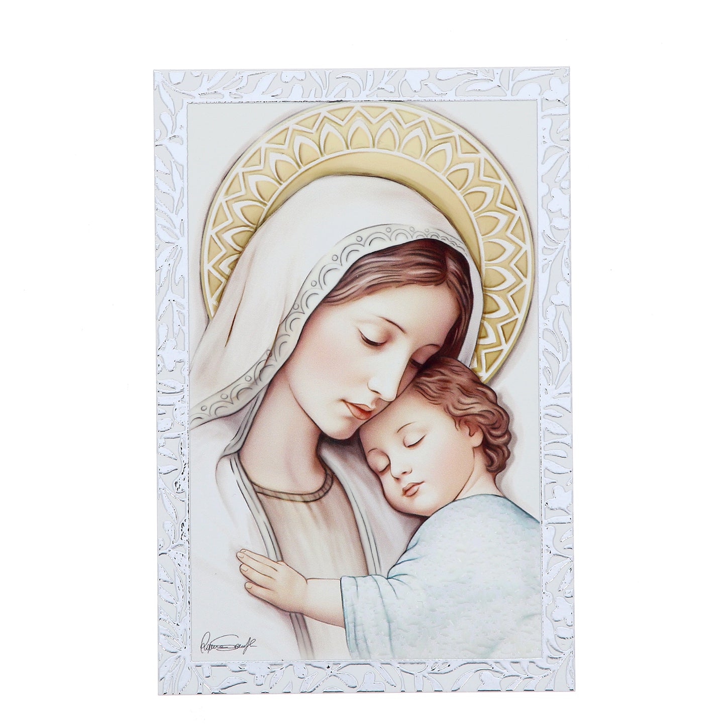 Quadro Madonna con Bambino in legno con cornice in foglia argento. Dimensioni 9x13,5 cm