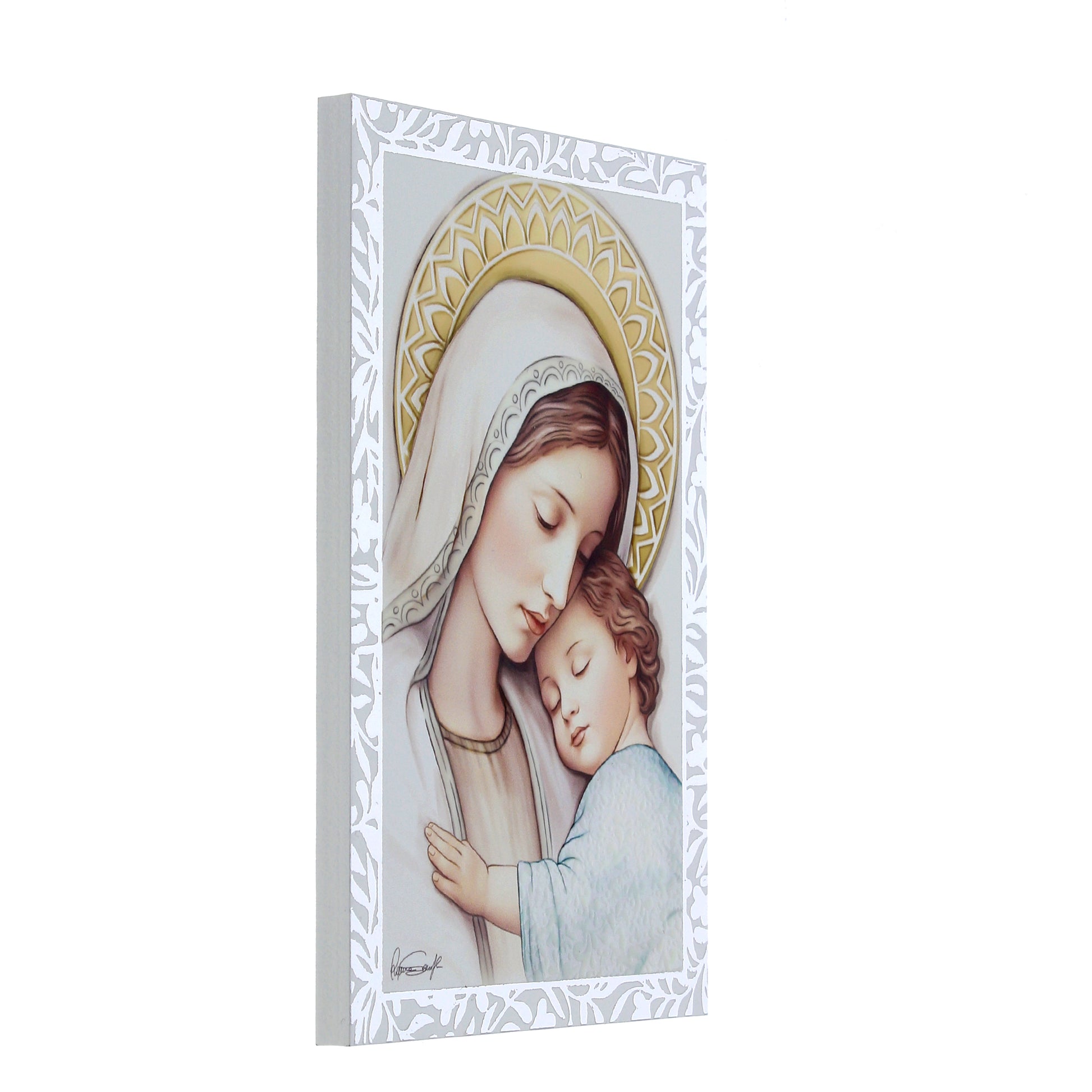 Quadro Madonna con Bambino in legno con cornice in foglia argento. Dimensioni 9x13,5 cm
