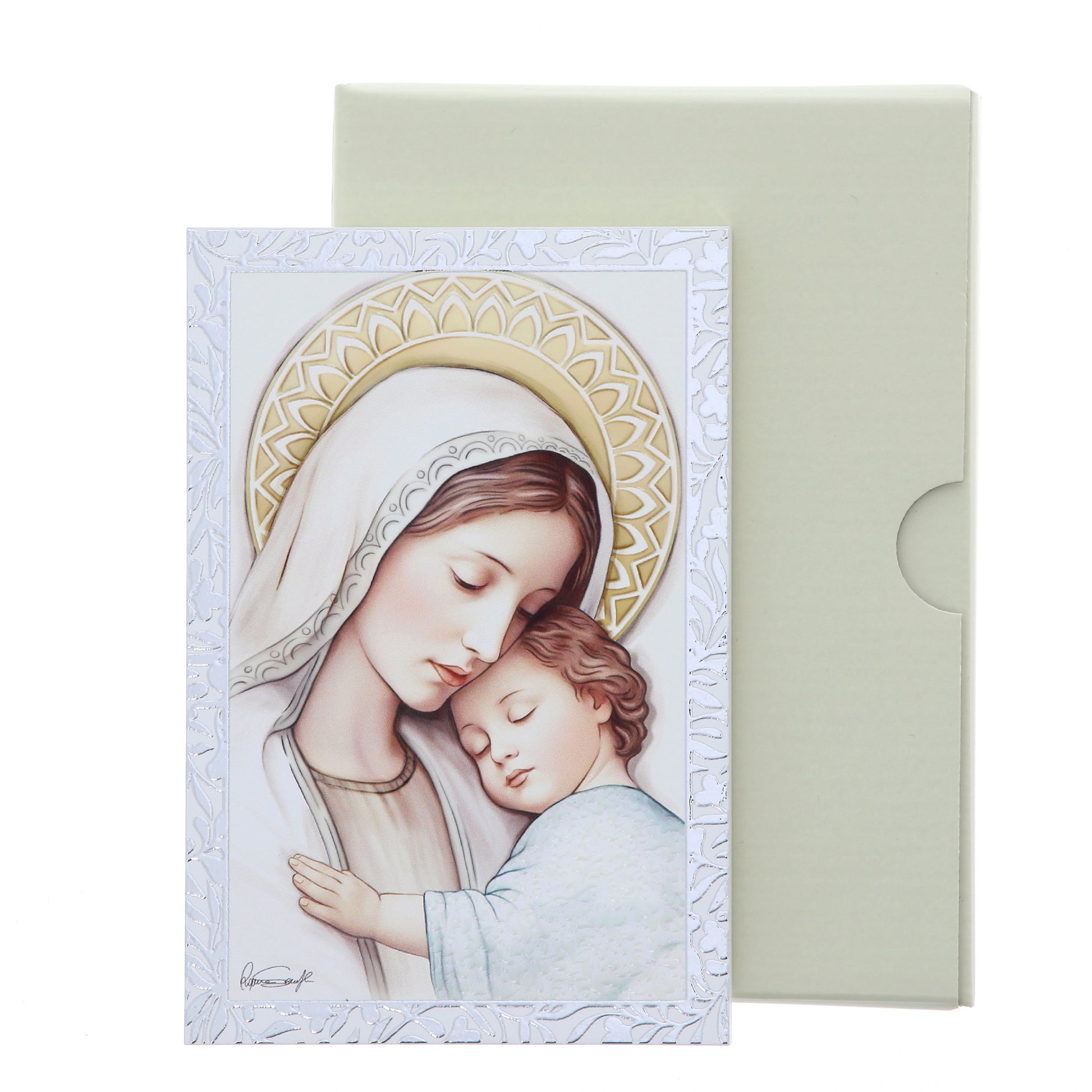 Quadro Madonna con Bambino in legno con cornice in foglia argento. Dimensioni 9x13,5 cm