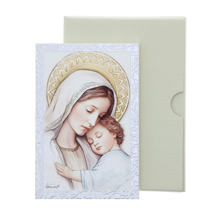 Quadro Madonna con Bambino in legno con cornice in foglia argento. Dimensioni 9x13,5 cm