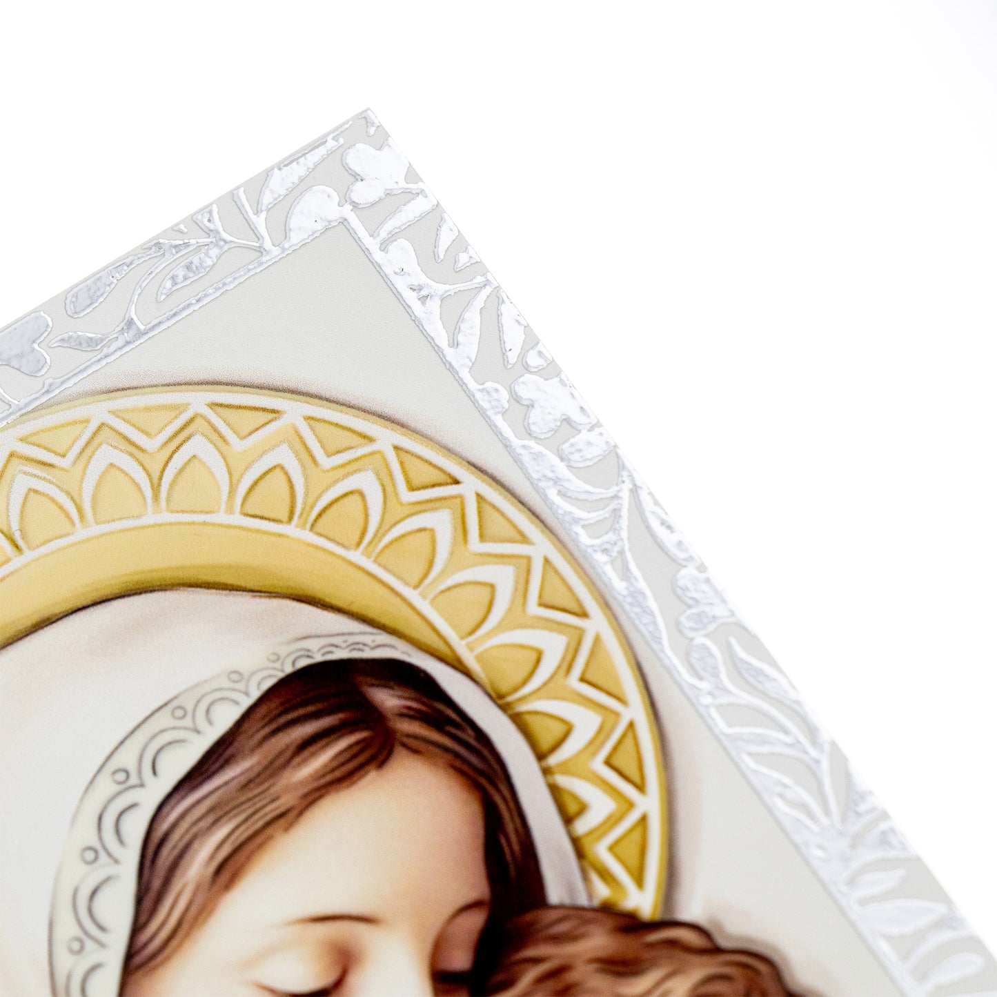 Quadro Madonna con Bambino in legno con cornice in foglia argento. Dimensioni 9x13,5 cm