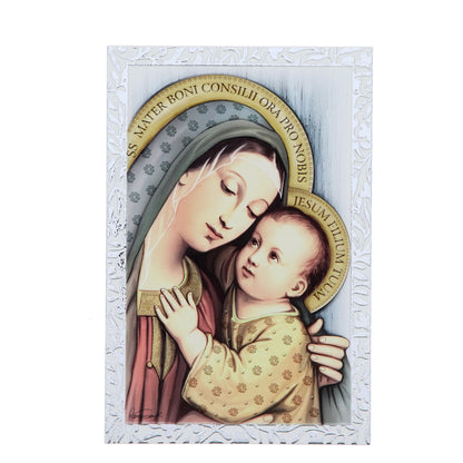 Quadro Madonna del Buon Consiglio in legno e cornice in foglia argento. Dimensioni 9x13,5 cm