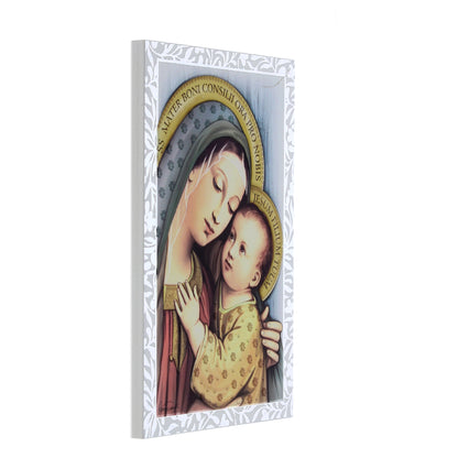Quadro Madonna del Buon Consiglio in legno e cornice in foglia argento. Dimensioni 9x13,5 cm