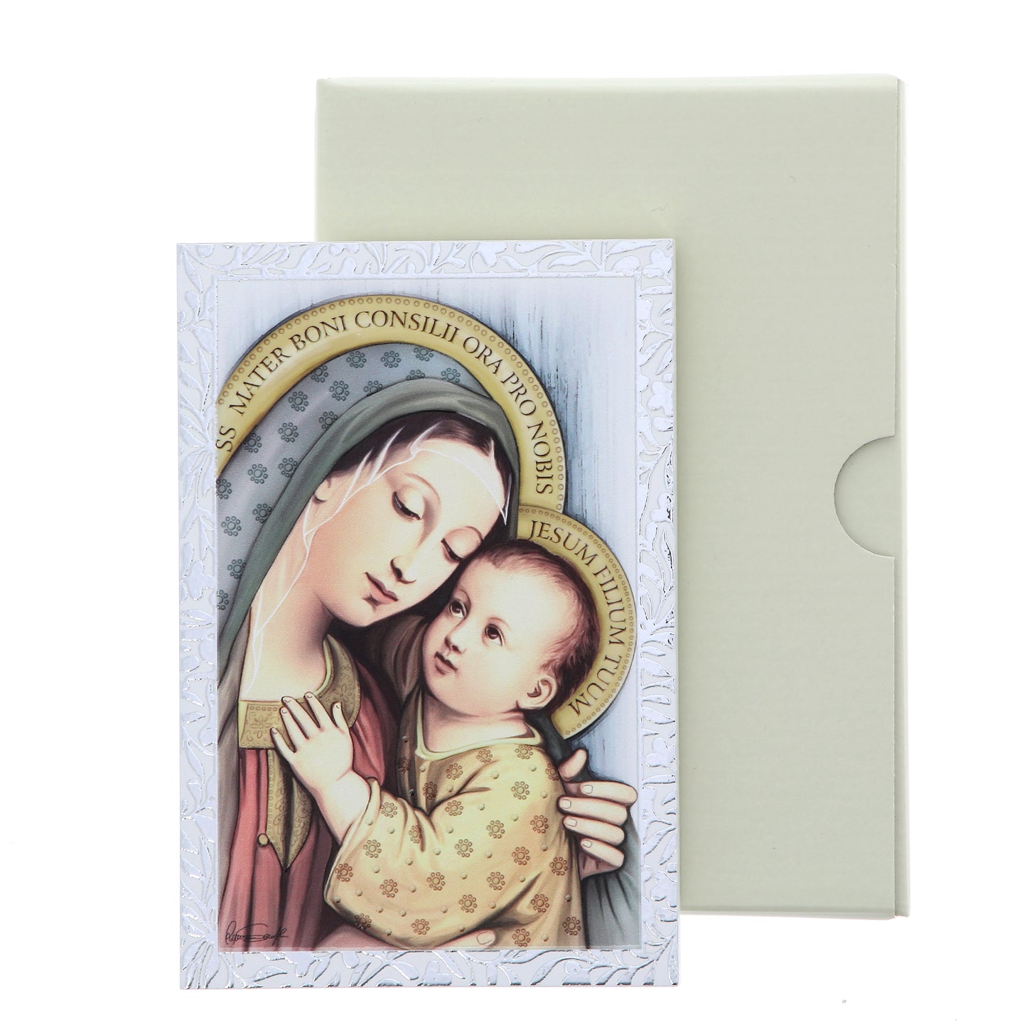 Quadro Madonna del Buon Consiglio in legno e cornice in foglia argento. Dimensioni 9x13,5 cm