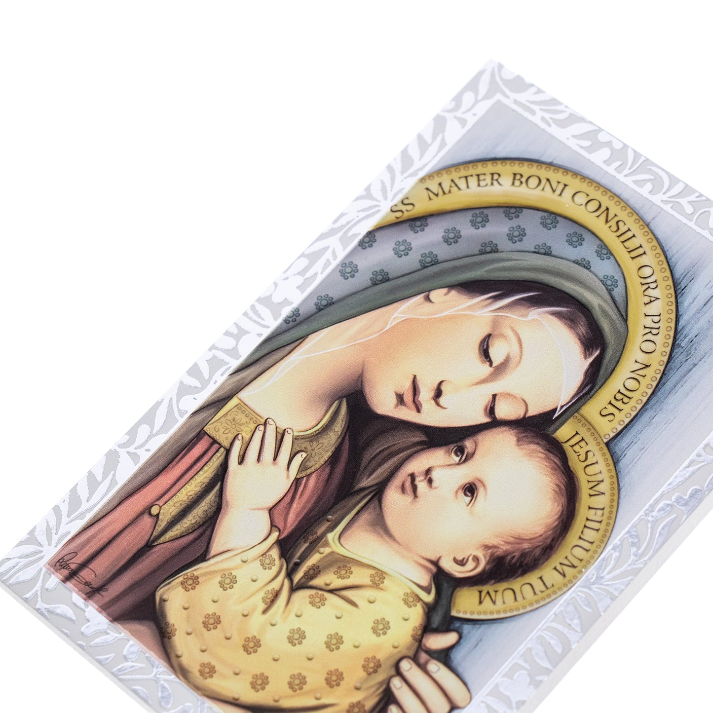 Quadro Madonna del Buon Consiglio in legno e cornice in foglia argento. Dimensioni 9x13,5 cm