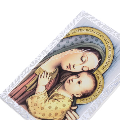Quadro Madonna del Buon Consiglio in legno e cornice in foglia argento. Dimensioni 9x13,5 cm