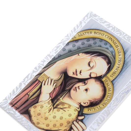 Quadro Madonna del Buon Consiglio in legno e cornice in foglia argento. Dimensioni 9x13,5 cm