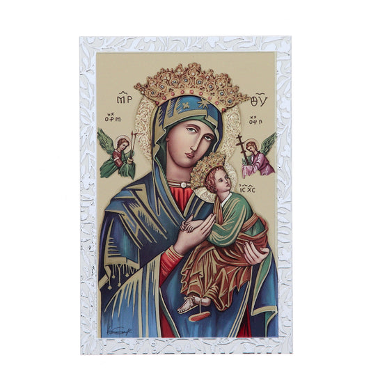 Quadro Madonna del Perpetuo Soccorso in legno e cornice in foglia argento. Dimensioni 9x13,5 cm