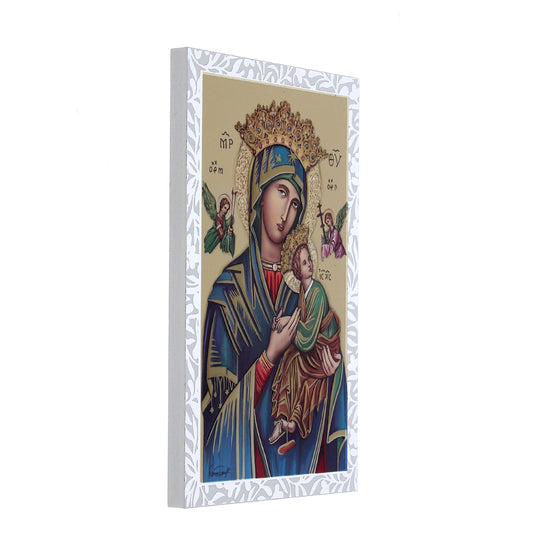 Quadro Madonna del Perpetuo Soccorso in legno e cornice in foglia argento. Dimensioni 9x13,5 cm