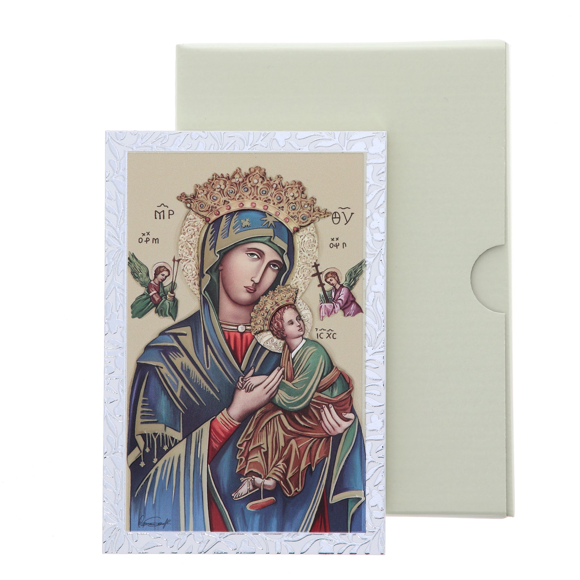 Quadro Madonna del Perpetuo Soccorso in legno e cornice in foglia argento. Dimensioni 9x13,5 cm