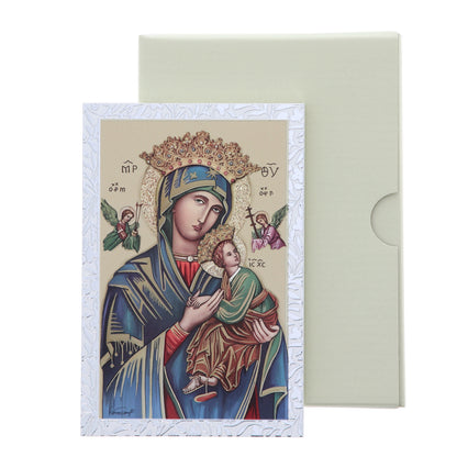 Quadro Madonna del Perpetuo Soccorso in legno e cornice in foglia argento. Dimensioni 9x13,5 cm
