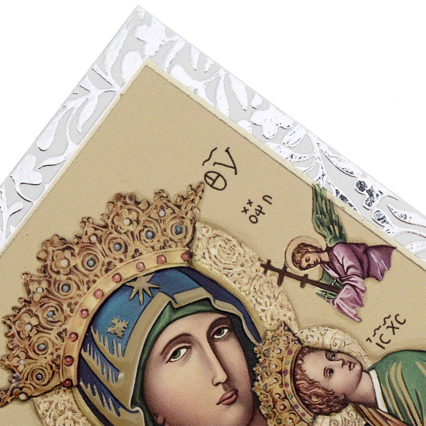 Quadro Madonna del Perpetuo Soccorso in legno e cornice in foglia argento. Dimensioni 9x13,5 cm