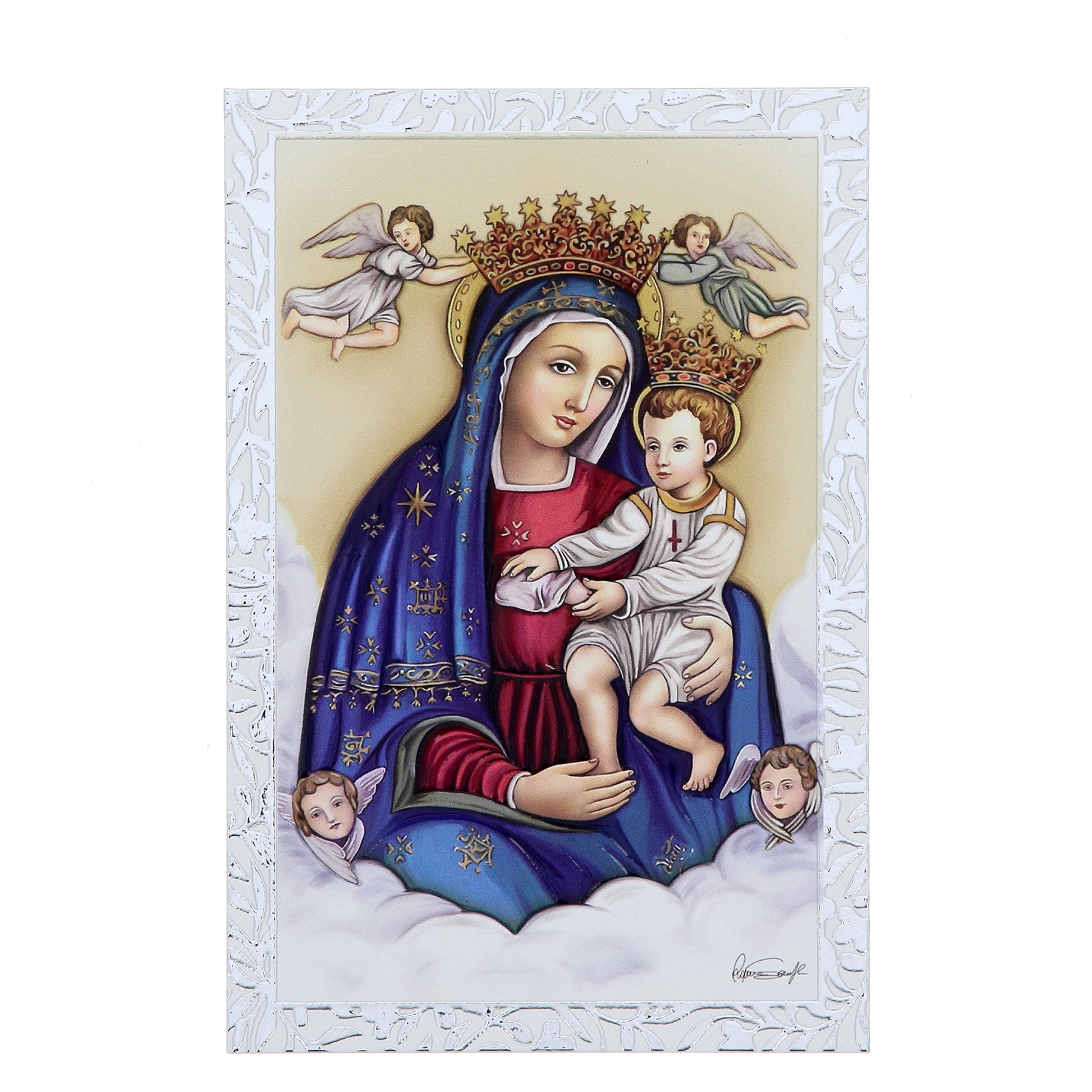 Quadro Madonna delle Grazie in legno e cornice in foglia argento. Dimensioni 9x13,5 cm