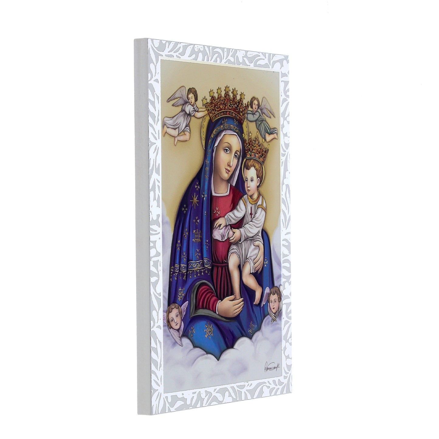 Quadro Madonna delle Grazie in legno e cornice in foglia argento. Dimensioni 9x13,5 cm