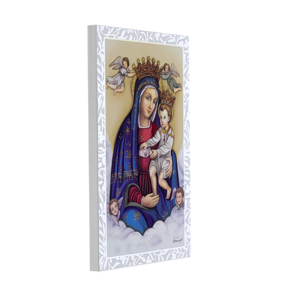 Quadro Madonna delle Grazie in legno e cornice in foglia argento. Dimensioni 9x13,5 cm