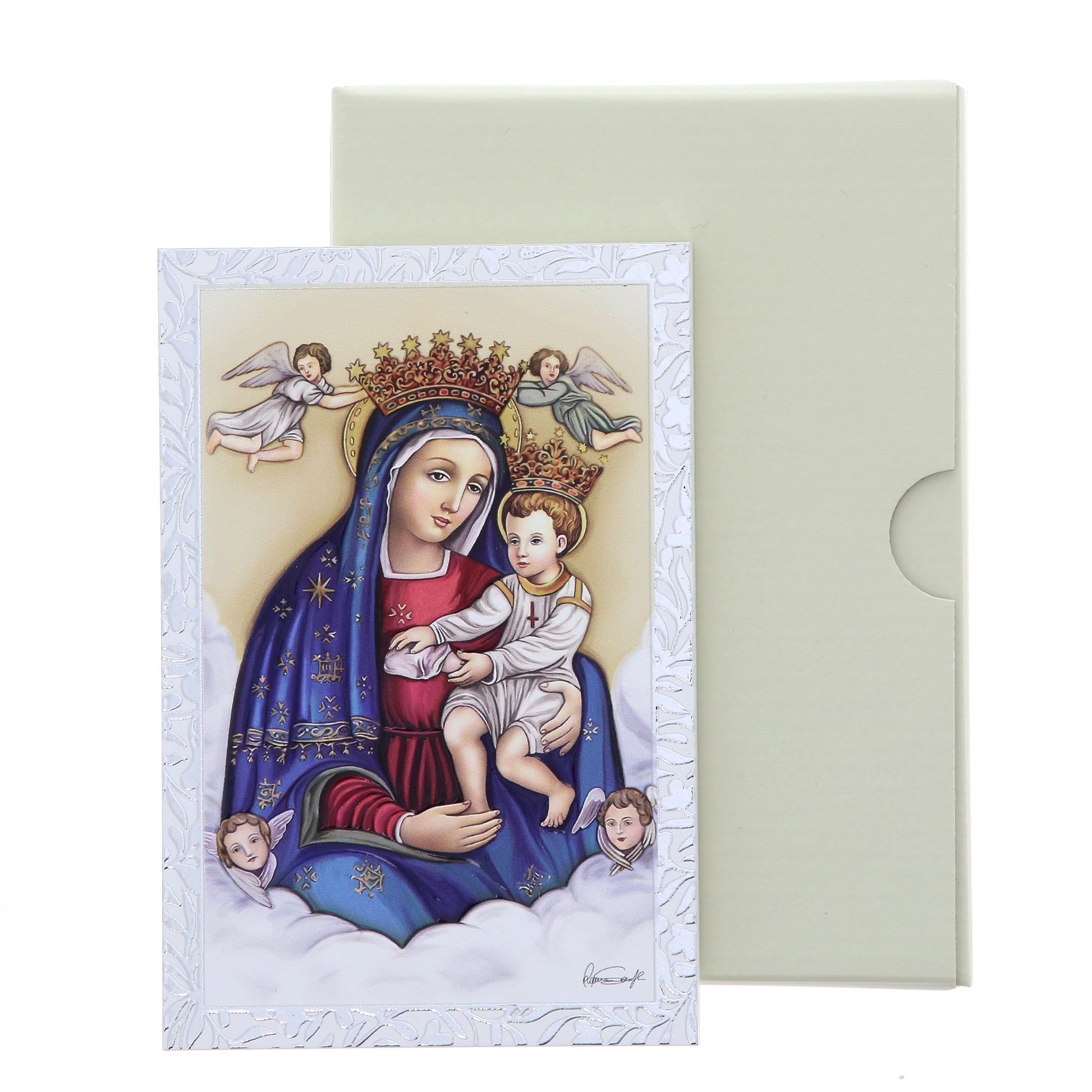 Quadro Madonna delle Grazie in legno e cornice in foglia argento. Dimensioni 9x13,5 cm