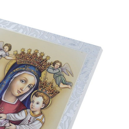 Quadro Madonna delle Grazie in legno e cornice in foglia argento. Dimensioni 9x13,5 cm