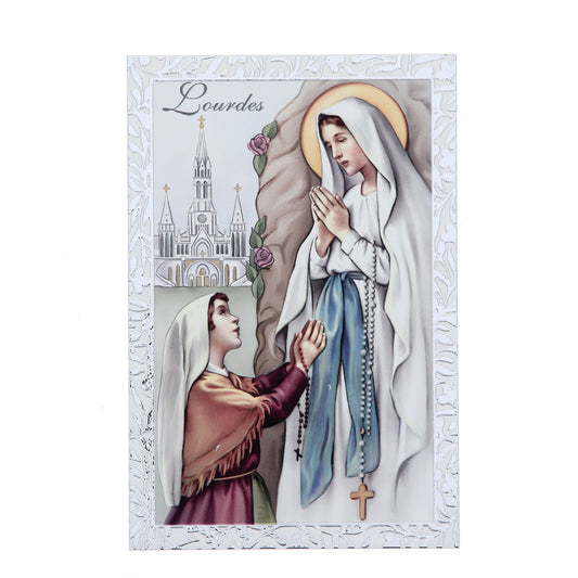 Quadro Madonna di Lourdes in legno e cornice in foglia argento. Dimensioni 9x13,5 cm