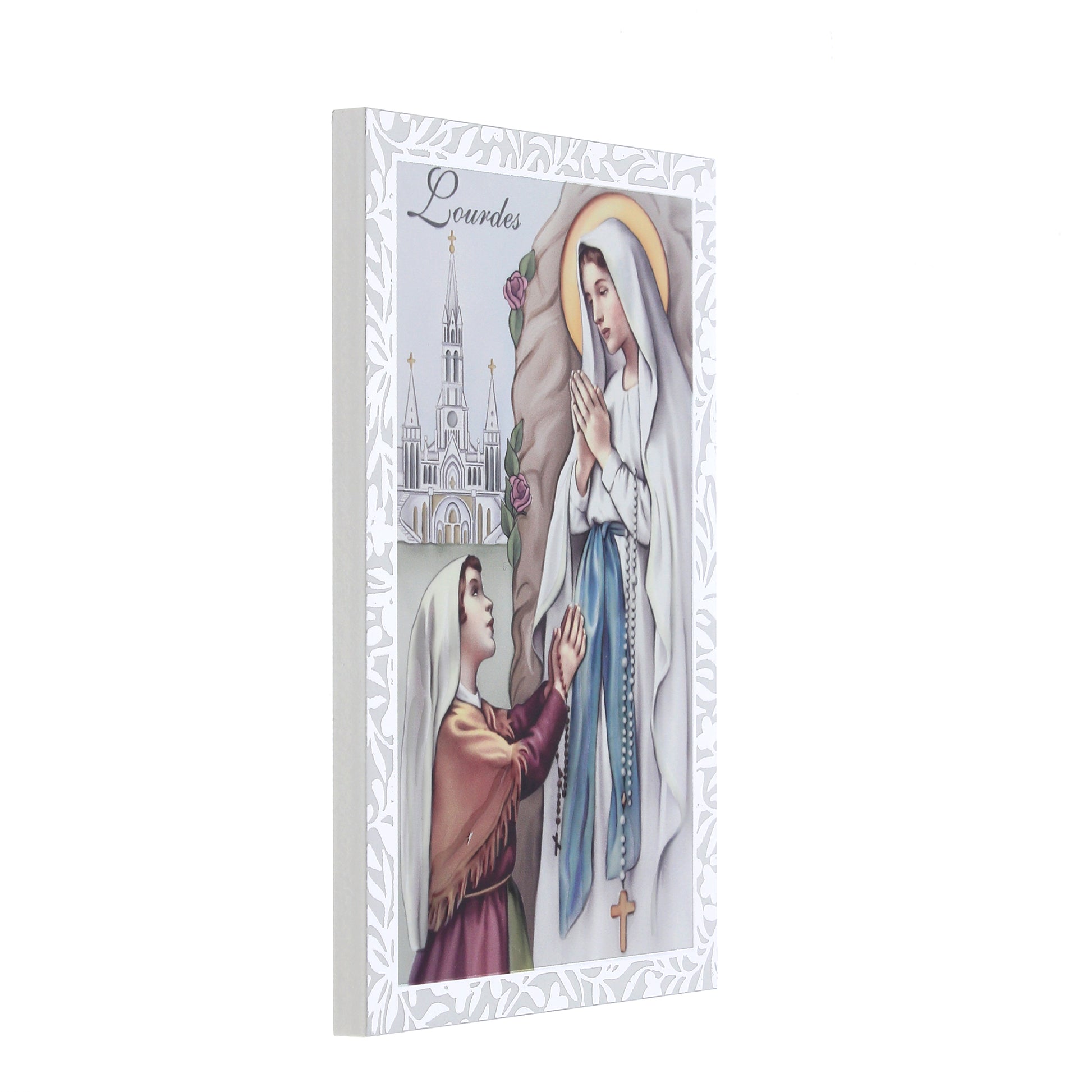 Quadro Madonna di Lourdes in legno e cornice in foglia argento. Dimensioni 9x13,5 cm