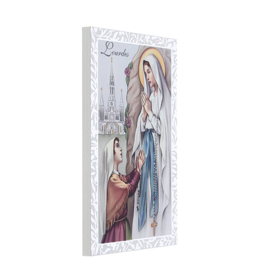 Quadro Madonna di Lourdes in legno e cornice in foglia argento. Dimensioni 9x13,5 cm
