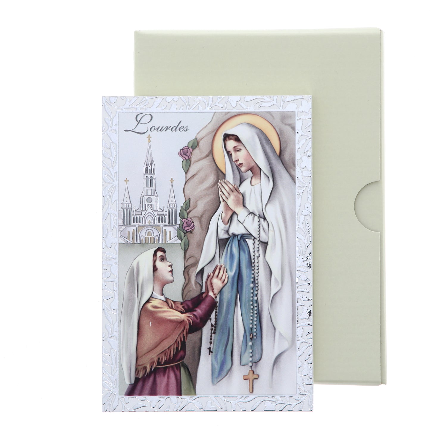 Quadro Madonna di Lourdes in legno e cornice in foglia argento. Dimensioni 9x13,5 cm