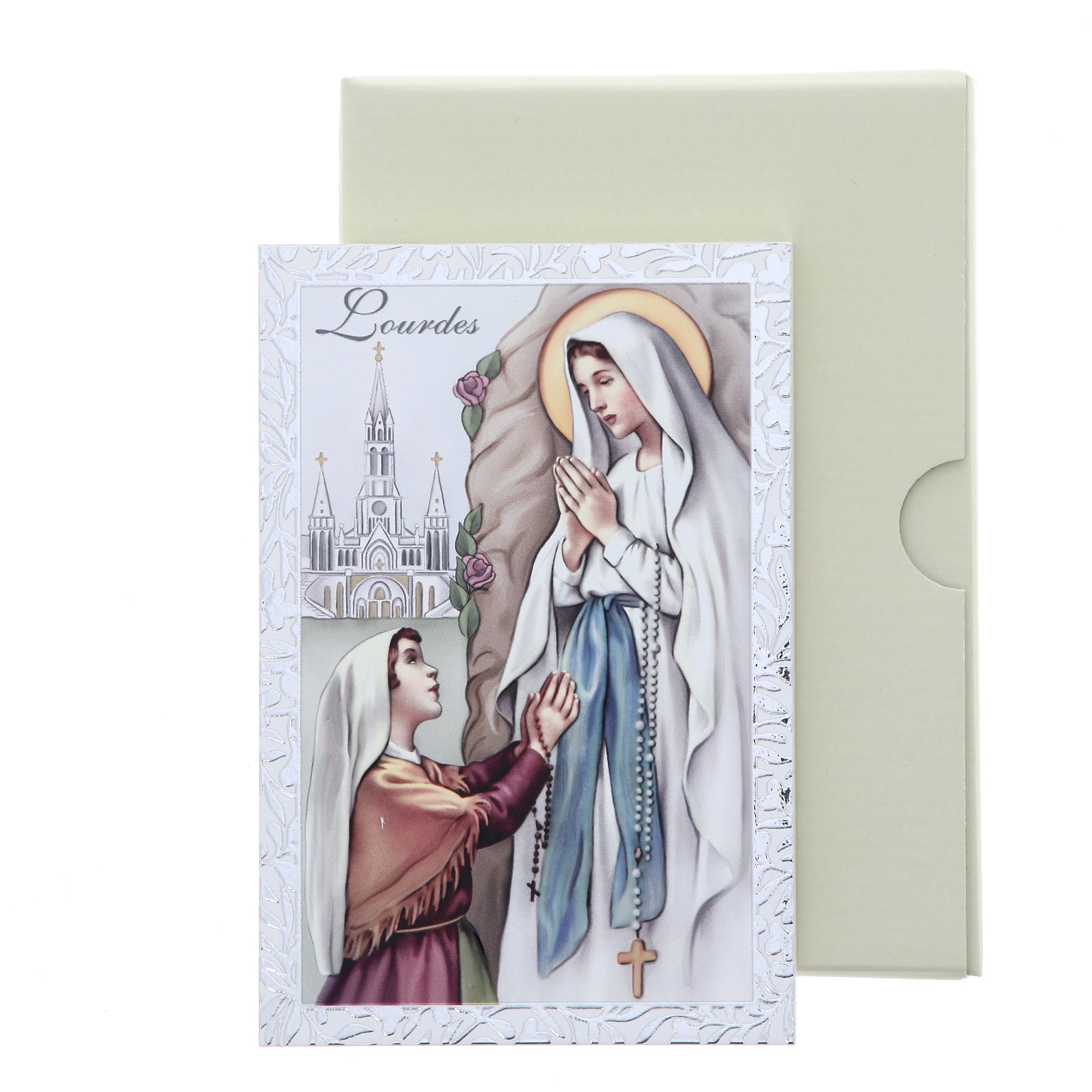 Quadro Madonna di Lourdes in legno e cornice in foglia argento. Dimensioni 9x13,5 cm