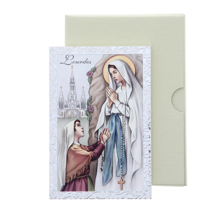 Quadro Madonna di Lourdes in legno e cornice in foglia argento. Dimensioni 9x13,5 cm