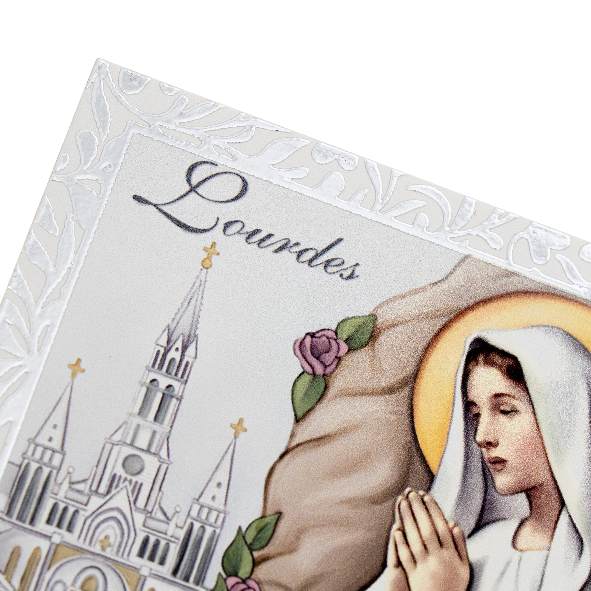 Quadro Madonna di Lourdes in legno e cornice in foglia argento. Dimensioni 9x13,5 cm